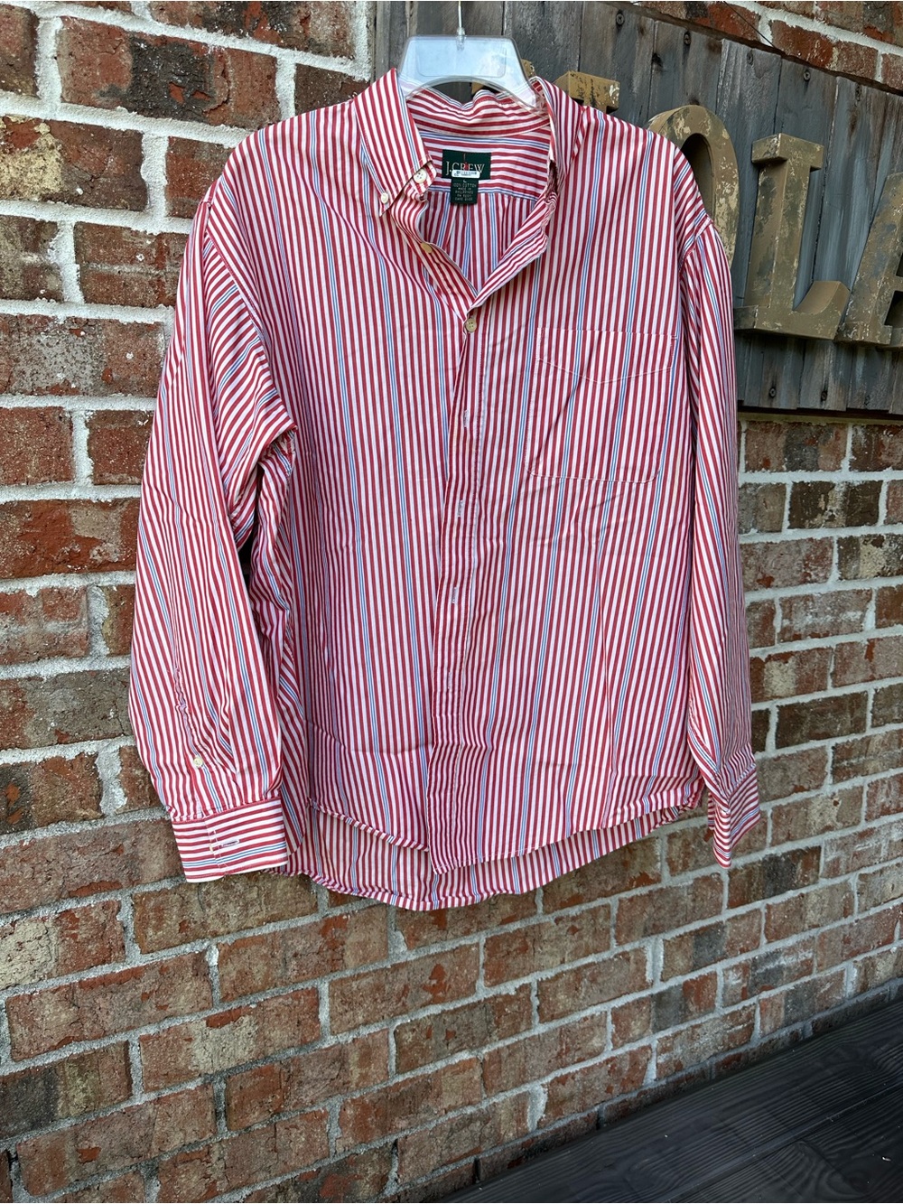 J. Crew Men’s Red and White Vertical Stripe Button-Down Shirt